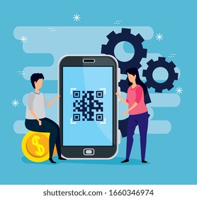 código de exploración qr con el diseño de ilustraciones vectoriales para smartphones y parejas de negocios