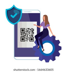 scan code qr in smartphone with businesswoman and icons vector illustration design