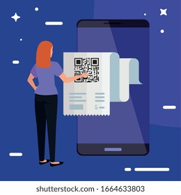 scan code qr in smartphone with businesswoman vector illustration design