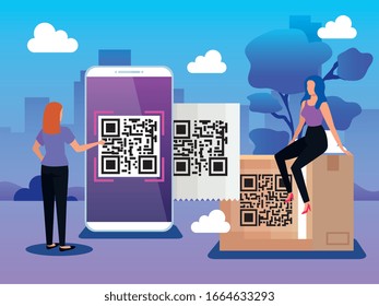 scan code qr in smartphone with businesswomen and icons vector illustration design