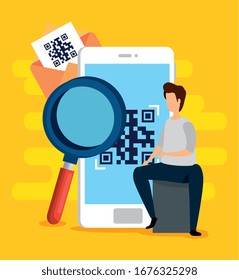 scan code qr in smartphone with man and icons vector illustration design