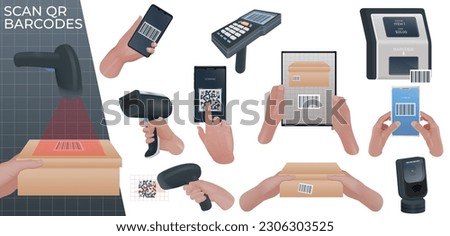 Scan codes realistic composition of human hand holding box being scanned and set of isolated icons vector illustration