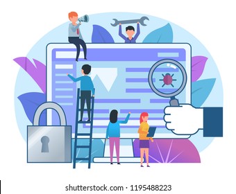 Scan computer for viruses, protection, data safety concept. Small people stand near computer. Poster for banner, social media, presentation, web page. Flat design vector illustration