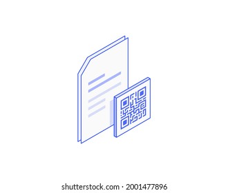 Scan document by QR code, doc, a4 list, file isometric illustrate 3d vector icon. Modern creative design illustration in flat line style.