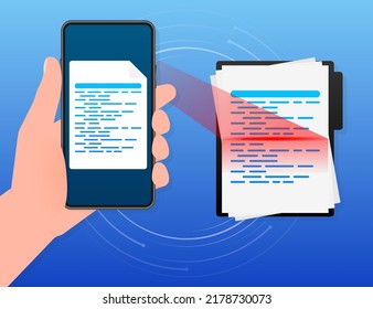 Scan document Smartphone. Text scanner. Mobile phone in hand.