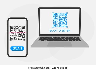 Scan to enter. QR code on laptop, enter with phone. Vector illustration.