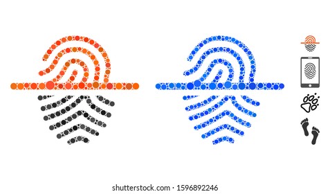 Scan fingerprint composition of circle elements in variable sizes and color tints, based on scan fingerprint icon. Vector round elements are combined into blue composition.