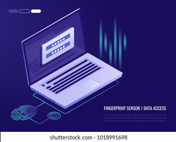 Scan Fingerprint on laptop. Identification system. Biometric authorization and business security concept. Illustration of application scanning fingerprint. Vector illustration in isometric style Scan Fingerprint on laptop. Identification system. Biometric authorization and business security concept. Illustration of application scanning fingerprint. Vector illustration in isometric style