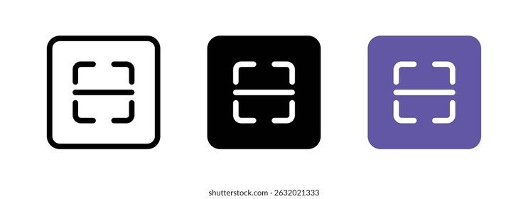 Scan frame icon set representing QR code scanning, barcode reading, or augmented reality frame in minimalistic design with black, white, and purple variations