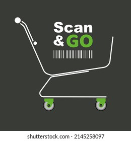 Scan and Go vector illustration with barcode and trolly