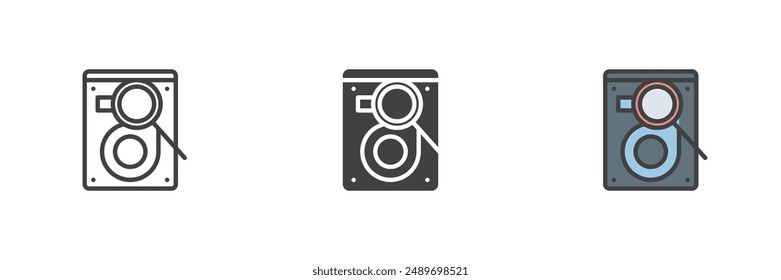 Scan hard drive disk different style icon set. Line, glyph and filled outline colorful version, outline and filled vector sign. HDD with magnifier symbol, logo illustration. Vector graphics