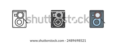 Scan hard drive disk different style icon set. Line, glyph and filled outline colorful version, outline and filled vector sign. HDD with magnifier symbol, logo illustration. Vector graphics