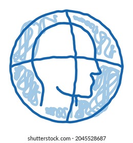 Analizar el vector de icono de esbozo de autenticación de cabezal. Dibujo manual del dibujo de la línea azul del doodle del símbolo de autenticación de la cabeza de exploración. ilustración de símbolo aislado