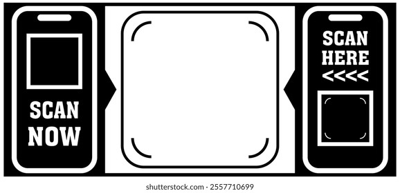 Scan Here , Scan Now QR code blank frame. printable scan here sticker template for shop payment, website, app, ui. vector illustration