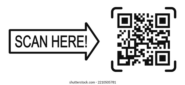 Scan Here Template With QR Code Pictogram. Quick Responce Matrix Barcode Readable By Smartphone Camera. Digital Lebel With Product Information. Vector Graphic Illustration