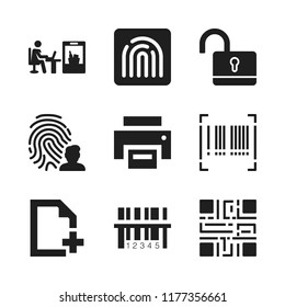 scan icon. 9 scan vector icons set. scanner, fingerprint and barcode icons for web and design about scan theme