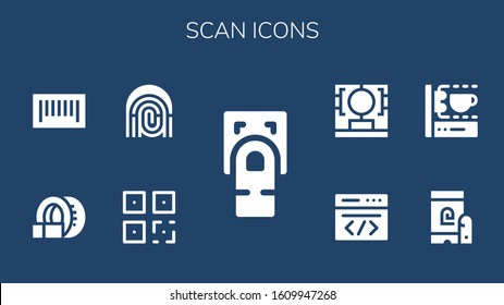 scan icon set. 9 filled scan icons. Included Fingerprint scan, QR, Fingerprint, Tomography, Barcode, 3d printing scanner, Coding icons