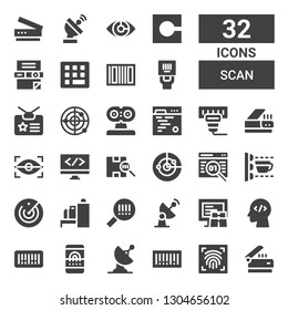 scan icon set. Collection of 32 filled scan icons included Scanner, Fingerprint scan, Barcode, Radar, Coding, Code, Eye Identity