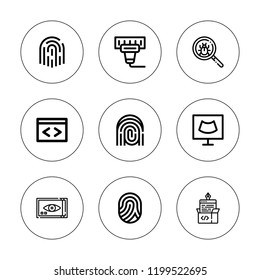 Scan icon set. collection of 9 outline scan icons with barcode, coding, fingerprint icons. editable icons.
