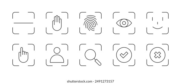 Conjunto de iconos de exploración. Iconos de línea fina de reconocimiento de huellas dactilares, cara, voz, ojos. Touch id, face id, voice id, símbolo de seguridad. Identificación de documentos. Vector EPS 10