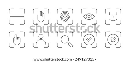 Scan icon set. Face, voice, eye, fingerprint recognition thin line icons. Touch id, face id, voice id, security symbol. Document identification. Vector EPS 10