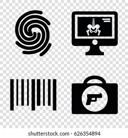 Scan icons set. set of 4 scan filled icons such as briefcase with weapon, bar code, x-ray on display