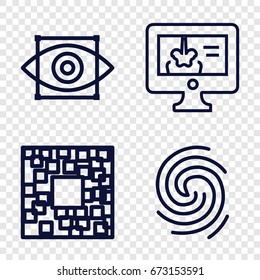 Scan icons set. set of 4 scan outline icons such as x-ray on display, finger print, eye scan