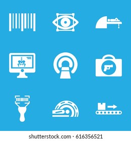 Scan icons set. set of 9 scan filled icons such as briefcase with weapon, MRI, bar code, bar code scanner