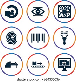 Scan icons set. set of 9 scan filled icons such as MRI, bar code, bar code scanner, x-ray on display, finger print