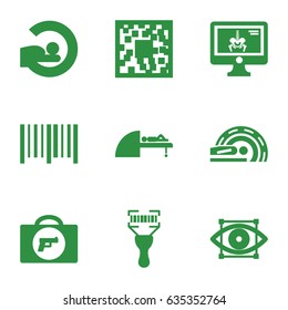 Scan icons set. set of 9 scan filled icons such as briefcase with weapon, mri, bar code, bar code scanner, x-ray on display, eye scan