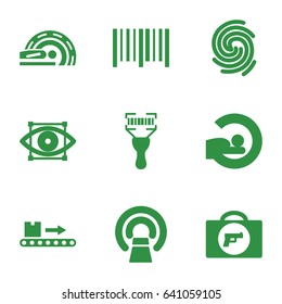 Scan icons set. set of 9 scan filled icons such as briefcase with weapon, mri, bar code, bar code scanner