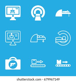 Scan icons set. set of 9 scan filled and outline icons such as briefcase with weapon, mri, luggage scan