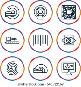 Scan icons set. set of 9 scan outline icons such as mri, bar code, x-ray on display, finger print