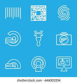 Scan icons set. set of 9 scan outline icons such as briefcase with weapon, mri, bar code, bar code scanner, x-ray on display, finger print