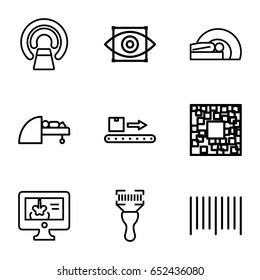 Scan icons set. set of 9 scan outline icons such as mri, bar code, bar code scanner, x-ray on display