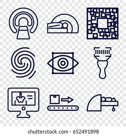 Scan icons set. set of 9 scan outline icons such as mri, bar code scanner, x-ray on display, finger print