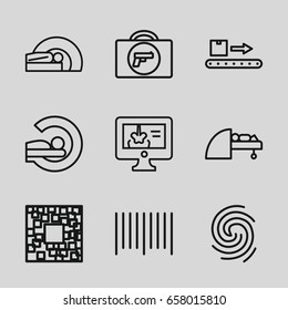 Scan icons set. set of 9 scan outline icons such as briefcase with weapon, mri, bar code, luggage scan, x-ray on display, finger print