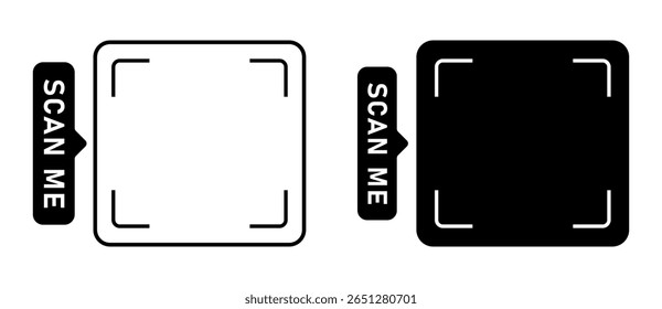 Scan me black frame set. QR code, barcode, scan here, printable scan here sticker template. Vector illustration on transparent png background.