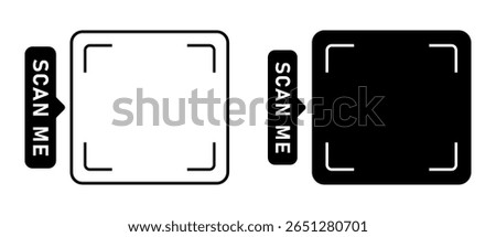 Scan me black frame set. QR code, barcode, scan here, printable scan here sticker template. Vector illustration on transparent png background.