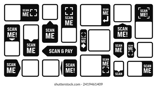 Scan me blank sticker. Online payment. Special offer sale stickers, shopping discount label or promotional badge. Serial number, product ID. Supermarket retail label, price tag. Vector illustration