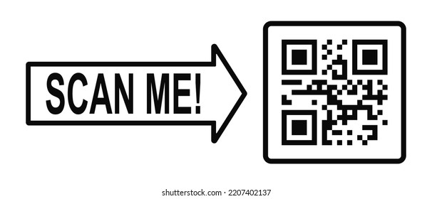 Scan me concept. QR code icon in square frame with pointing arrow. Template of quick responce matrix barcode. Mobile phone camera readable digital tag. Vector graphic illustration