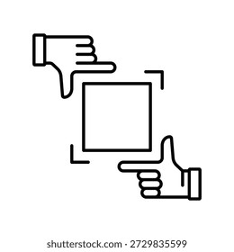 Procure o código QR no meu quadro. Ícone de linha fina de gesto de enquadramento com as mãos mostrando a câmera. Design de caixa de código de barras para pagamento, site, aplicativo móvel. Ilustração vetorial preta isolada no fundo branco.