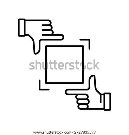 Scan me frame for QR code. Framing gesture thin line icon with hands showing camera. Barcode box design for payment, website, mobile app. Black vector illustration isolated on white background.
