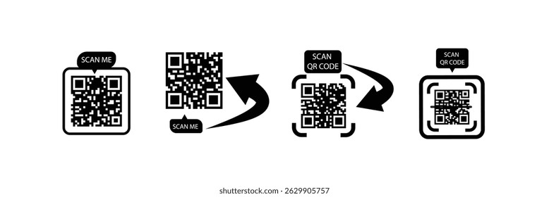 Scan me icon with QR code. QR code icons Vector. Fake QR code or quick responce  icon collections in square grid. Label style QR Code e Symbol.