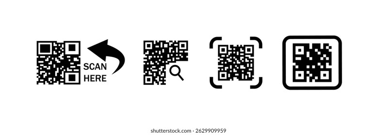Scan me icon with QR code. QR code icons. digital QR with text scan me. QR code sample for smartphone scanning. Fake  quick responce code icon collections in square grid.