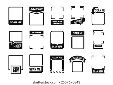 Scan me icon set. Empty frames for scanning QR code on smartphone screen. Scanning QR code in mobile app for payment or identification. Flat vector illustration collection isolated on background