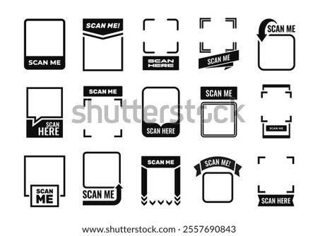 Scan me icon set. Empty frames for scanning QR code on smartphone screen. Scanning QR code in mobile app for payment or identification. Flat vector illustration collection isolated on background