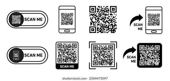 Scan me icon set. scan qr code with arrow. scan here label set.