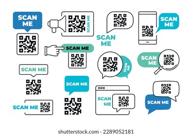 Icono de etiqueta de línea Icono de código QR puntero de cliente información de pago conjunto ilustración vectorial. Código de matriz para transacciones de pago en línea sin contacto con consejos rápidos de burbuja de voz manual código de barras móvil