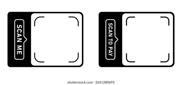 Scan me and scan to pay black frame set. QR code, barcode, scan here, printable scan here sticker template. Vector illustration on transparent png background.